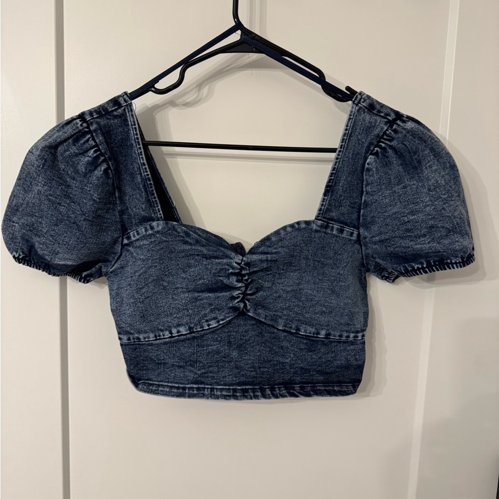 Indigo Denim Sweetheart Puff-Sleeve Crop Top
